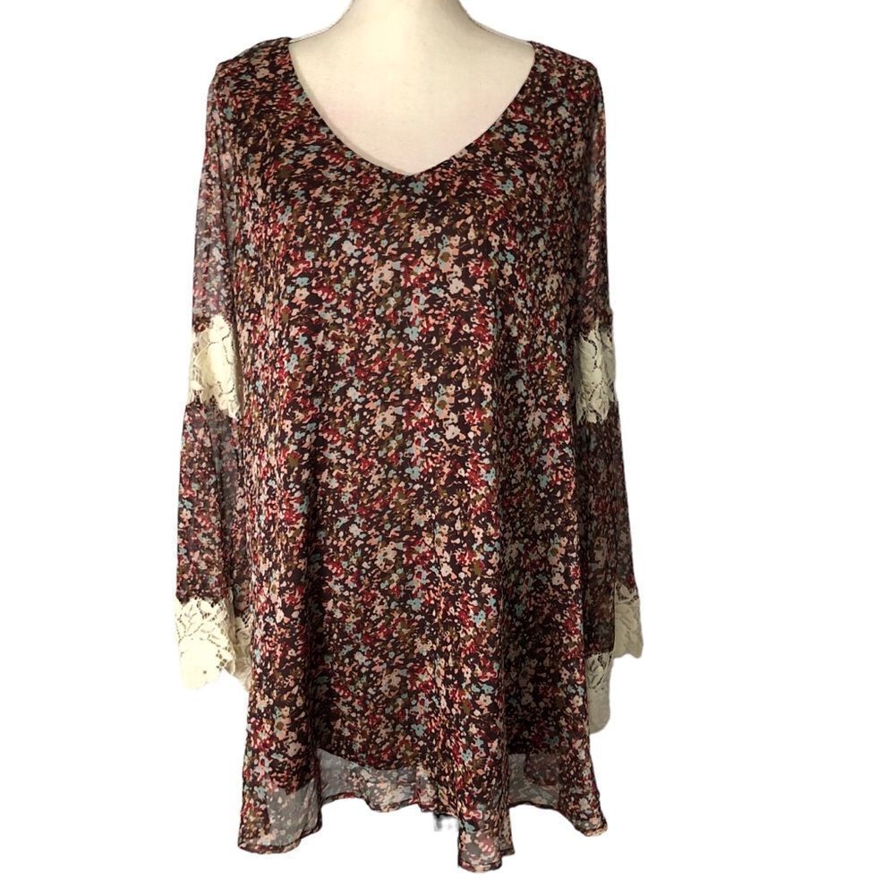 Judith March Mini Dress Long Bell Lace & Sheer Sleeves Brown Floral Size Medium